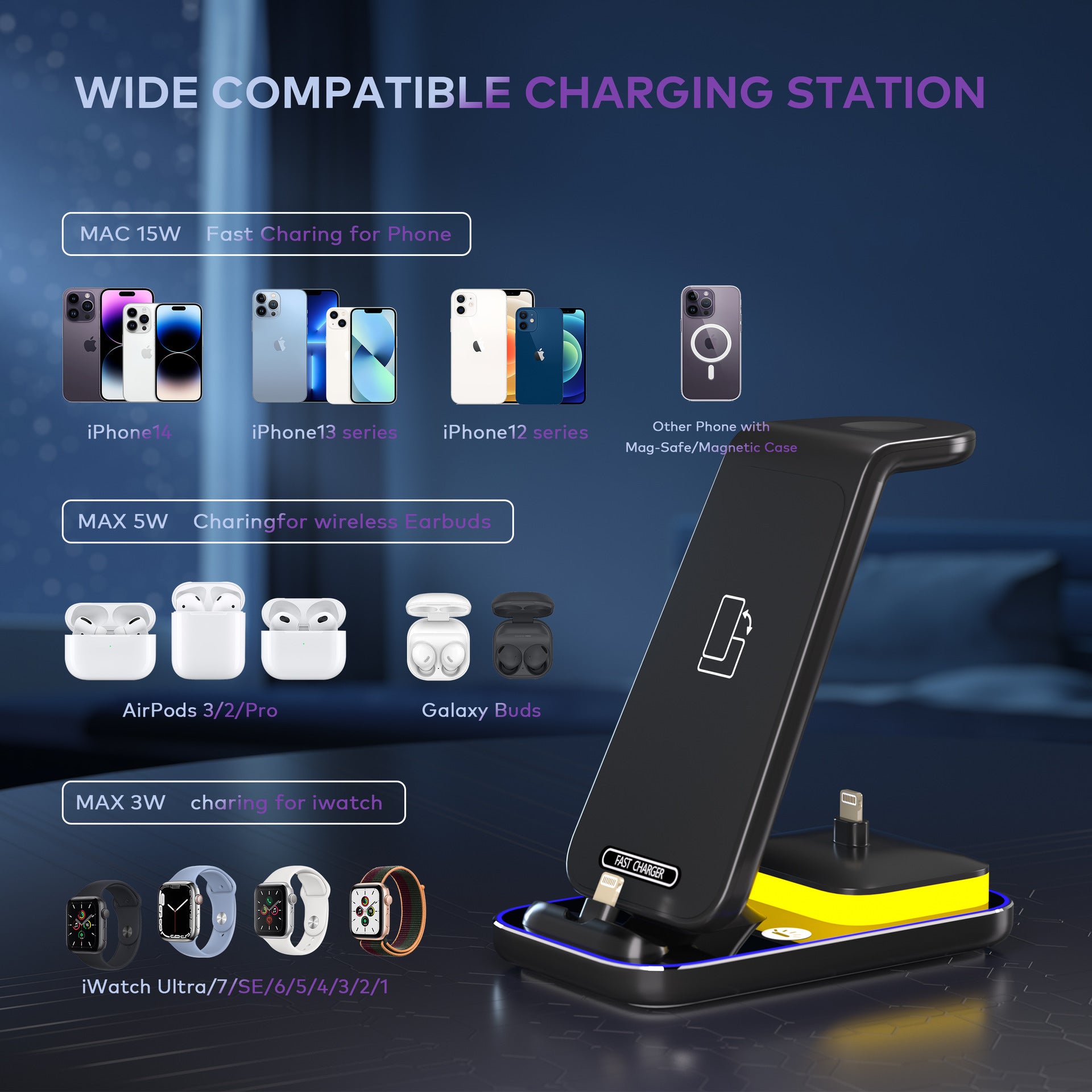 All-in-One 15W Vertical Wireless Fast Charger for Smartphone, Watch & Headset